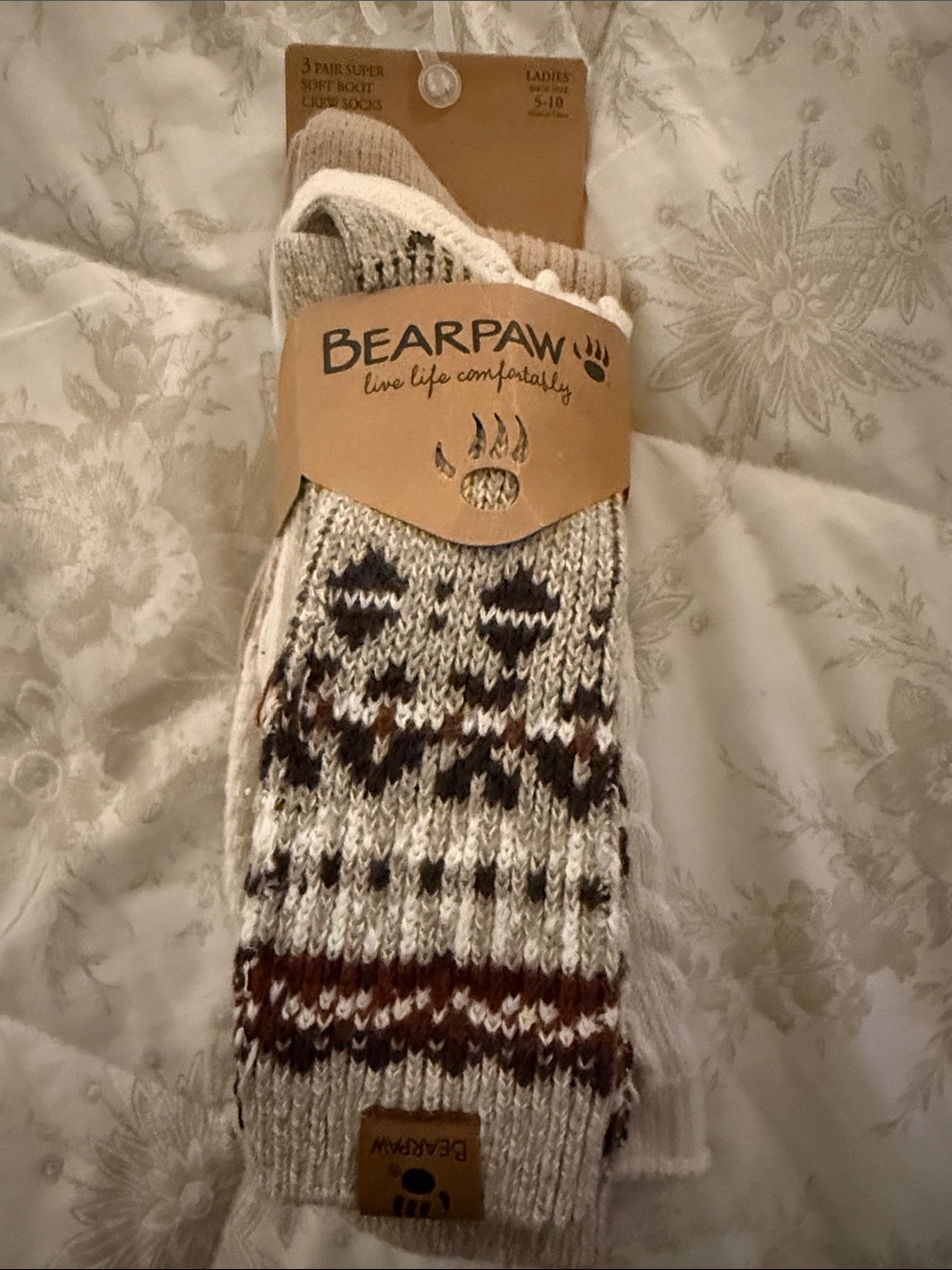 BearPaw Cream, Brown & Black Patterned Knit Socks - Ladies Pack
